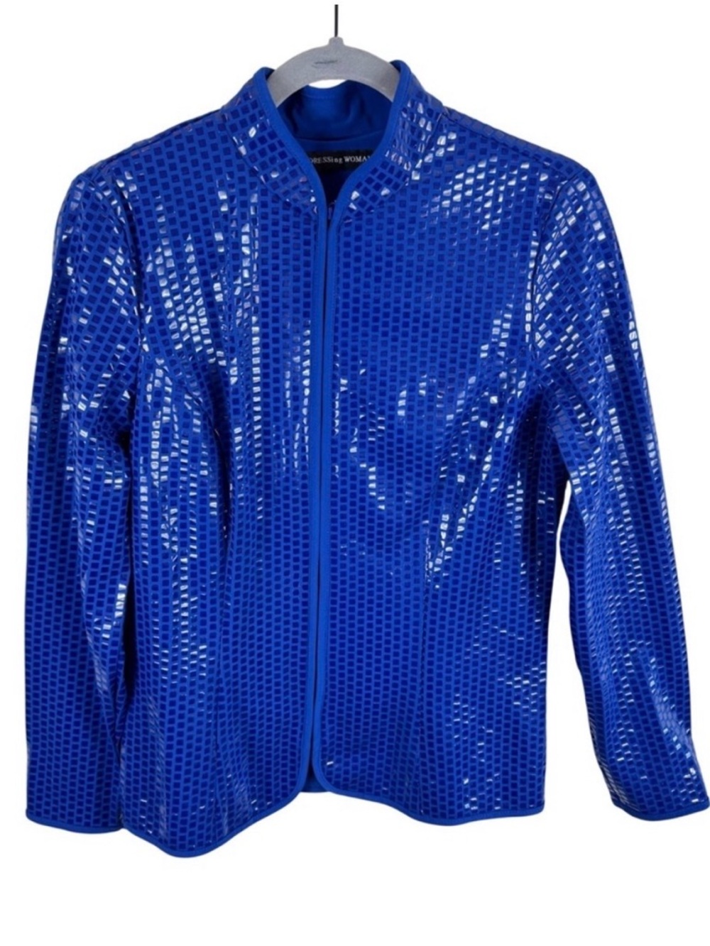 aDRESSing WOMAN Royal Blue Metallic Grid Zip Front Jacket Rhinestone Pull